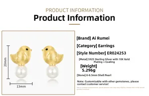 Spécifications de boucles d'oreilles oiseau en argent S925 et perles de nacre 8,5mm