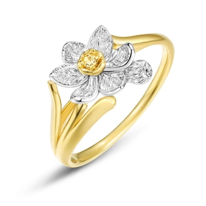 Floral S925 silver ring with golden center and yellow gemstone on a white background