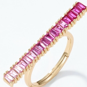 Macro shot of 925 sterling silver ring with rectangular pink corundum stones inlay