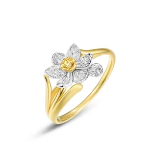 Bague Fleur de Narcisse en Argent Sterling S925 Texture Brossée Bicolore Or Argent Plqué Zirconia Jaune Bijoux Cadeau pour Femme