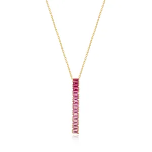 S925 Sterling Silver Bar Pendant Necklace With Pink Corundum Gradient Gemstone Elegant Gold Plated Jewelry Set For Women