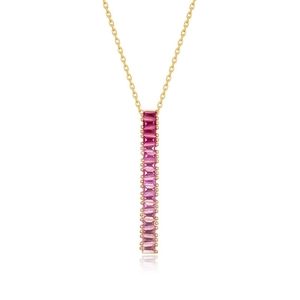 Vertical bar necklace with gradient pink baguette-cut gemstones on gold plated S925 silver