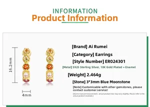 Detail view of S925 sterling silver earrings with 3mm blue moonstones and gold plating