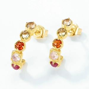 Elegant 925 sterling silver C-shaped gold hoop earrings with multi-color gemstones