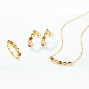 Parure de bijoux en argent S925 doré avec pierres fines colorées et bague ajustable