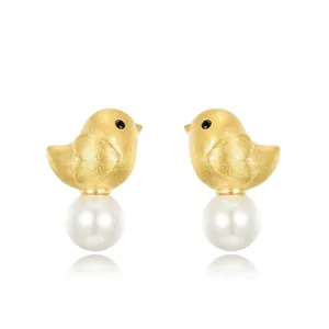 Boucles D'oreilles Oiseau Künstliche Perle Brossées À La Main Forme D'animal Avec Tige En Argent Sterling 925 Bijoux Pour Femmes