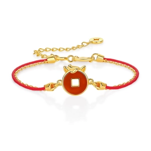 S925 silver red string bracelet with gold dragon horse charm and red agate gemstone