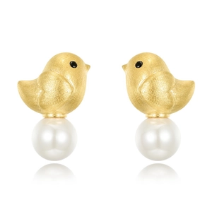 Boucles d'oreilles oiseaux faites main en or brossé avec de jolies perles blanches