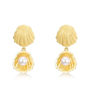 Élégantes Boucles d'Oreilles Pendantes Künstliche Perle de Coquillage Avec Tige en Argent Sterling 925 Or Brossé Boucles d'Oreilles Coquillage Femme