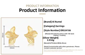 Detail view of gold leaf stud earrings with dimensions and material specifications