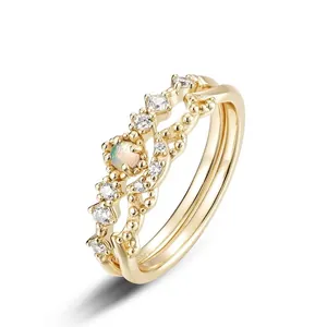 Ensemble de Bagues Couronne en Argent Sterling 925 Vintage pour Femme Plaqué Or Champagne Opale Synthétique Zirconia Bijoux