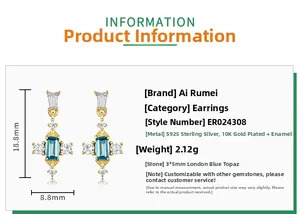 Détails des boucles d'oreilles Topaze Bleu de Londres, dimensions 18,8 mm x 8,8 mm