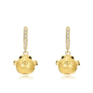 Boucles d'Oreilles Pendantes Poisson-globe en Argent Sterling S925 Plaqué Or pour Femmes Texture Brossée Zirconia Strass Bijoux Animaux