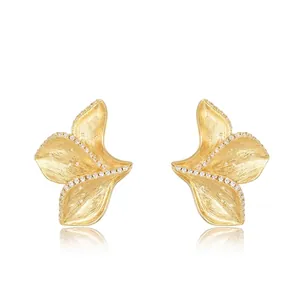 Vintage 925 Sterling Silver Leaf Stud Earrings Brushed Gold Plated Zirconia Botanical Earring For Women Jewelry Accessory
