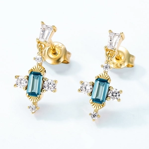 Boucles d'oreilles rétro en argent S925 doré avec pierre bleue et zircons blancs