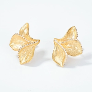Handcrafted brushed gold S925 sterling silver leaf earrings with sparkling zircon stones