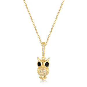 Mode Collier Pendentif Hibou en Argent Sterling 925 Plaqué Or Zirconia Hibou Bijoux Femme Pendentif Seul ou Avec Chaîne