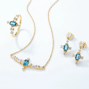 Parure bijoux en argent S925 avec collier topaze bleue Londres bague et boucles