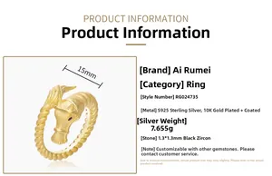 Macro detail of horse head ring in gold-plated S925 silver with 1.3mm black zircon stones