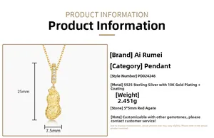 Detailed specs of S925 silver peanut pendant with 10K gold plating and red agate