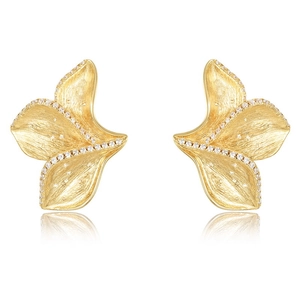 Handcrafted brushed gold S925 sterling silver leaf earrings with shimmering zircon crystals