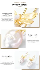 Detailed macro of S925 sterling silver golden dragonfly earrings with Baroque pearls