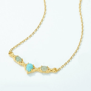 S925 silver gold-plated V-shaped necklace with Amazonite and green gemstones on white background