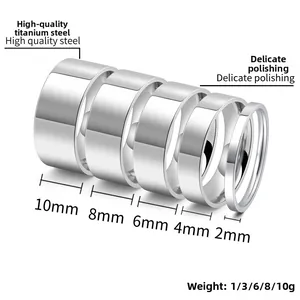 Detail showing five silver stainless steel rings in widths from 2mm to 10mm on white background
