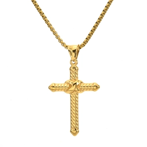 Detailed macro view of the gold twisted rope cross pendant with a thick box chain necklace
