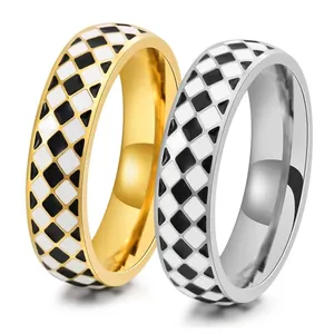 Elegant Titanium Steel Checkerboard Pattern Rhombic Grid Ring Gold Silver Plated Enamel Unisex Fashion Jewelry Finger Ring