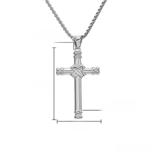 Detailed view of silver cross pendant in titanium steel with 50mm by 30mm dimensions