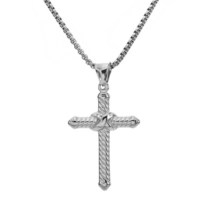 Punk style silver stainless steel cross pendant necklace with twisted rope texture and box chain