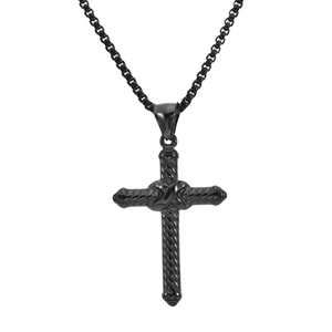 Punk style black stainless steel cross pendant necklace with twisted rope texture for men