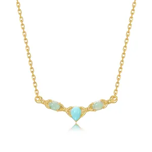 Elegant 925 Sterling Silver Amazonite Necklace V-Shaped Gold Plated Pendant Necklace For Women Light Luxury Jewelry Commuter Accessory Gift