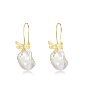 Hand Brushed Dragonfly Artificial Baroque Pearl Earrings With 925 Sterling Silver Earring Post Vintage Animal Jewelry For Women
