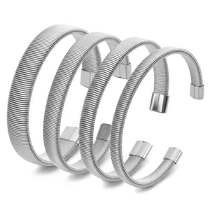 Minimalist Titanium Steel C Shaped Spring Texture Open Cuff Bracelet For Men Women Punk Hip Hop Jewelry Gift