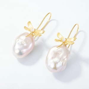 Handmade S925 silver dragonfly earrings with natural baroque pearls and gold brushed finish