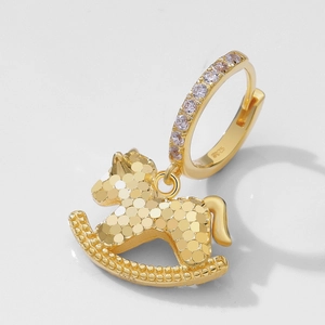 S925 sterling silver gold plated rocking horse earrings with sparkling zircons