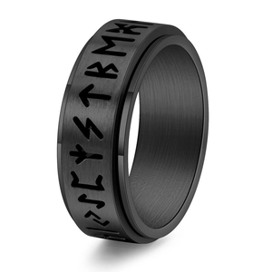 Nordic vintage black rotating titanium ring for men with engraved viking runes