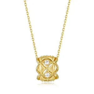 925 Sterling Silver Rhinestone Pendant Necklace For Women Elegant Vintage Quilted Motif Clavicle Chain Jewelry Gold Plated