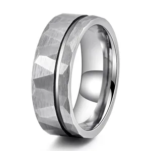 Men Tungsten Steel Hammered Ring Fashion Two-tone Wide Band Geometric Industrial Style Minimalist Jewelry For Men