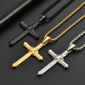 Punk style stainless steel cross pendant necklaces in black, gold and silver finishes