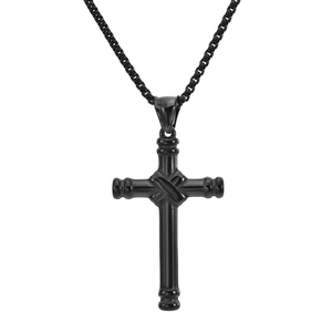 Men's matte black titanium steel cross pendant necklace with a black square link chain