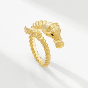 Matte gold horse head ring with brushed finish and adjustable twisted rope band