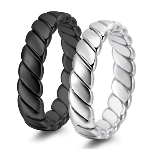Geometric twisted rope design couple rings in matte black and polished silver steel