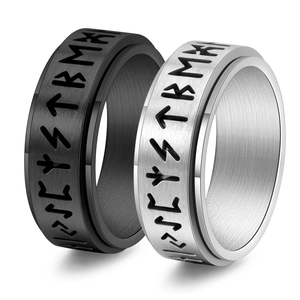 Nordic viking rune spinner rings in black and silver brushed stainless steel