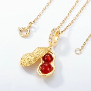 S925 silver peanut pendant necklace with red agate beads and sparkling gold finish