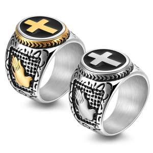 Religious titanium steel cross rings featuring prayer hand relief in silver and gold finish