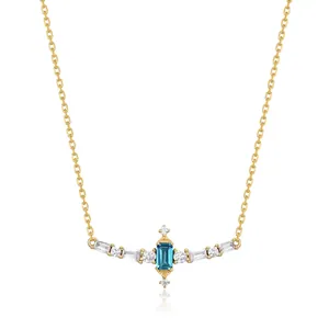 Collana in Argento Sterling 925 Vintage Ciondolo con Topazio Blu di Londra Naturale Placcato Oro Strass Gioielli da Donna