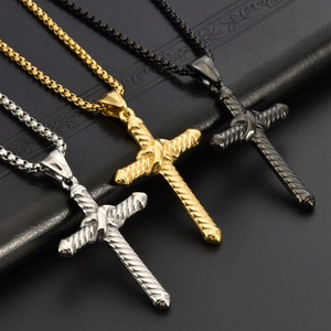 Punk style titanium steel cross necklaces in silver, gold, and black with rope textures